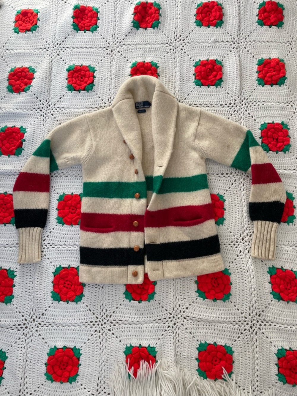 Ralph Lauren Hudson Bay  Wool Shawl Cardigan Striped Cream S Vintage 80’s